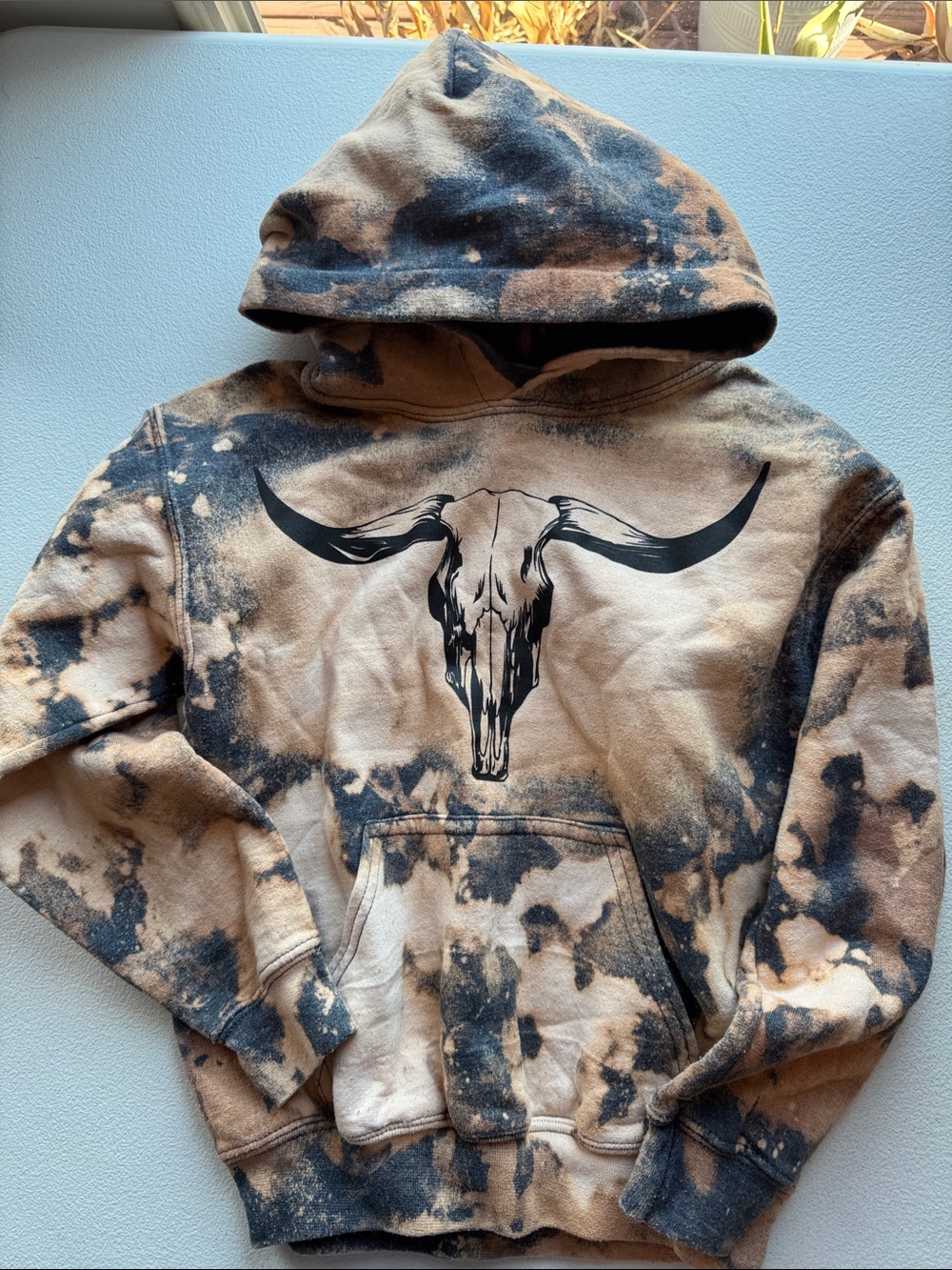 Gildan Brown and Black Tie-Dye Crewneck Hoodie with Longhorn Skull